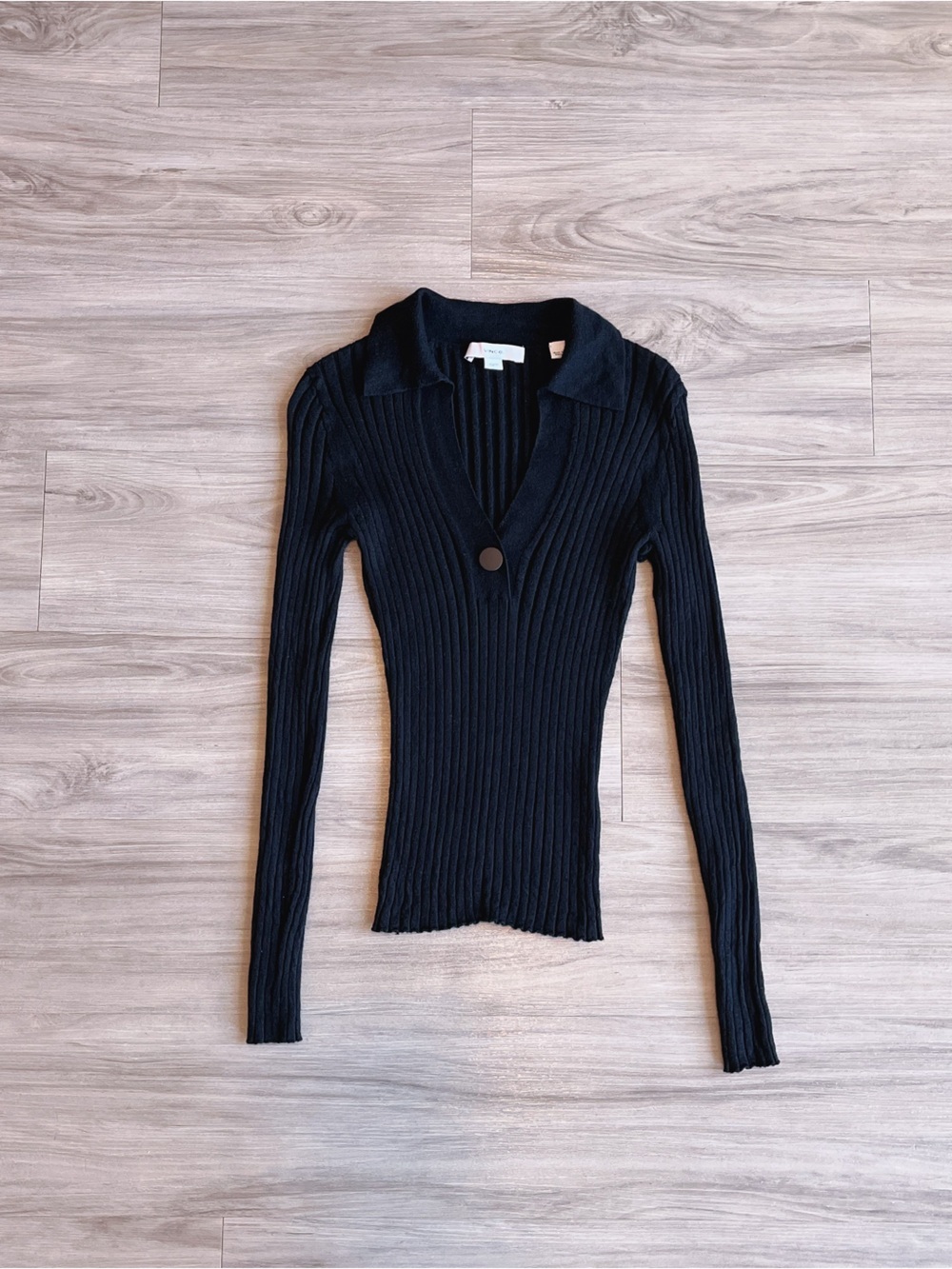 Vince Black Wool Silk Ribbed V-Neck Collared Sweater